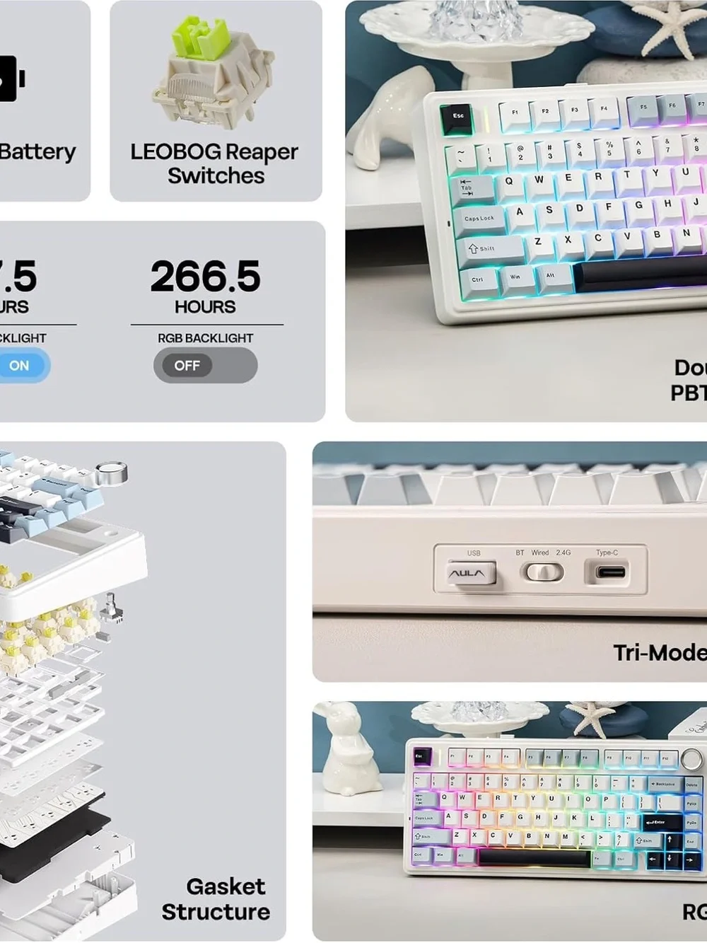 Mechanical Keyboard Keycap Set - White and Light Blue Accent